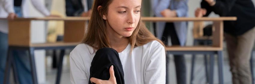 menina de blusa branca sentada no chão enquanto adolescentes apontam para ela em sala de aula